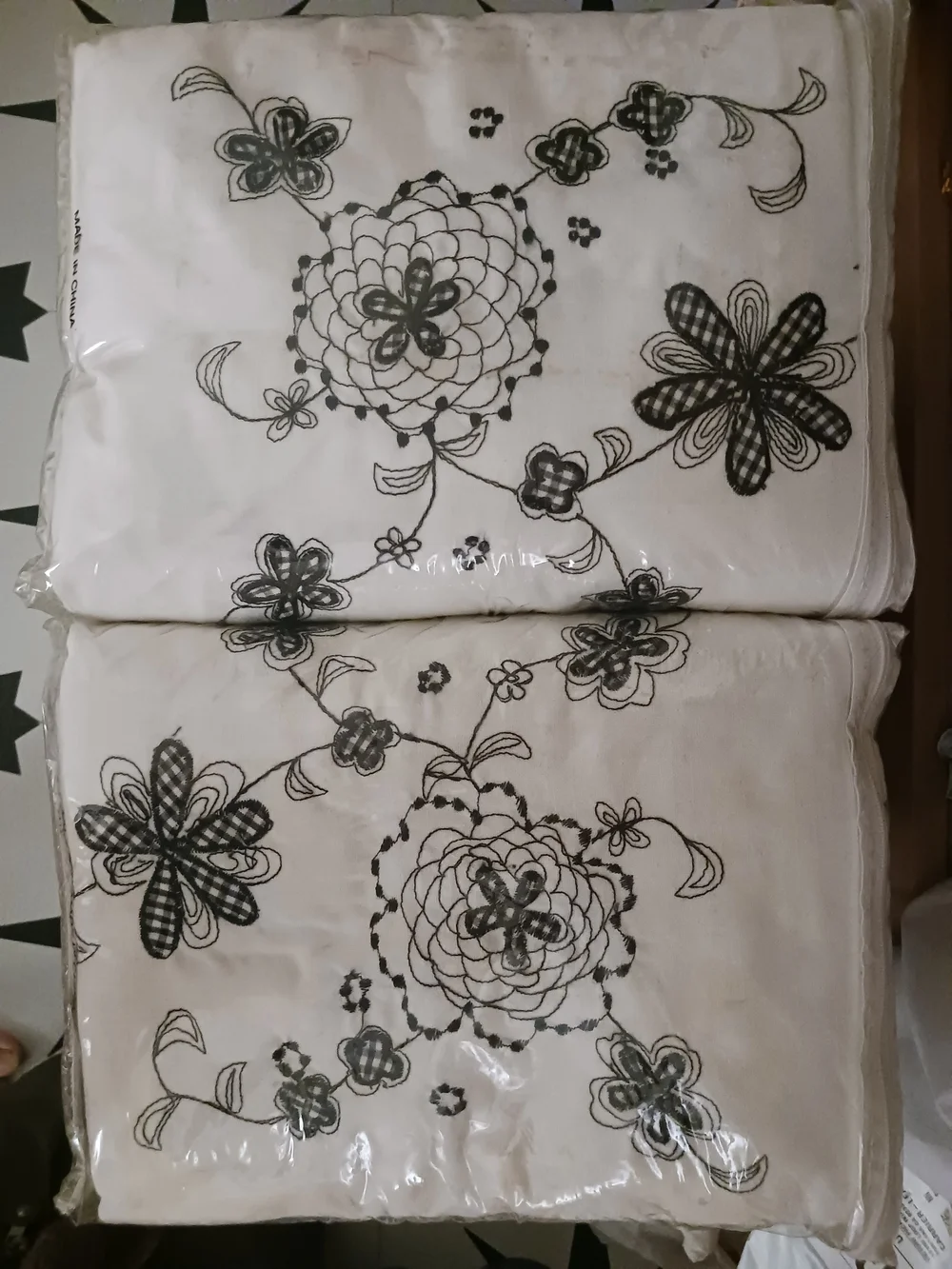 Embroidered Floral Panel Curtains in White with Black Accents 4 Panels